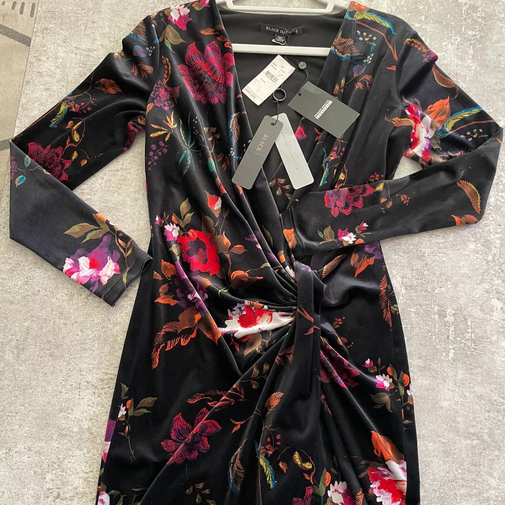 🌹 Black Halo Floral Velvet Long Sleeve Dress – Size 6 🌹